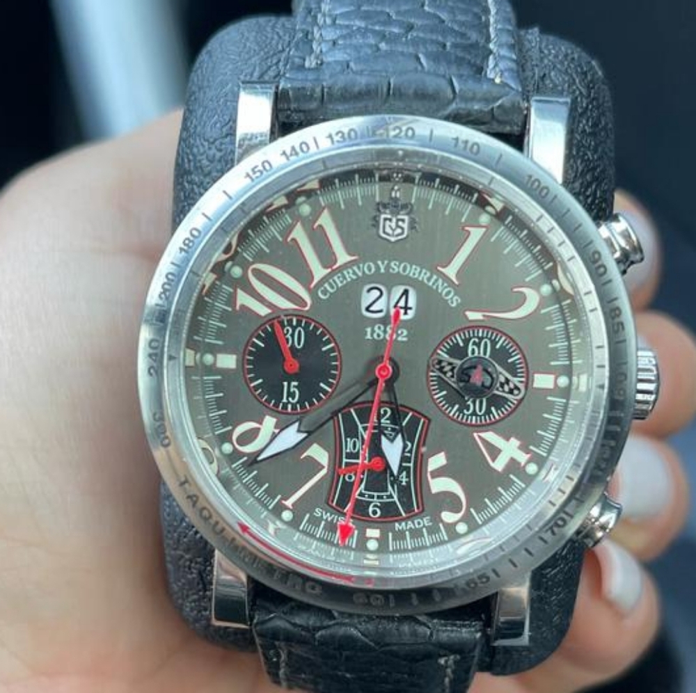 Cuervo y Sobrinos Torpedo Silver and Black Chronograph Watch